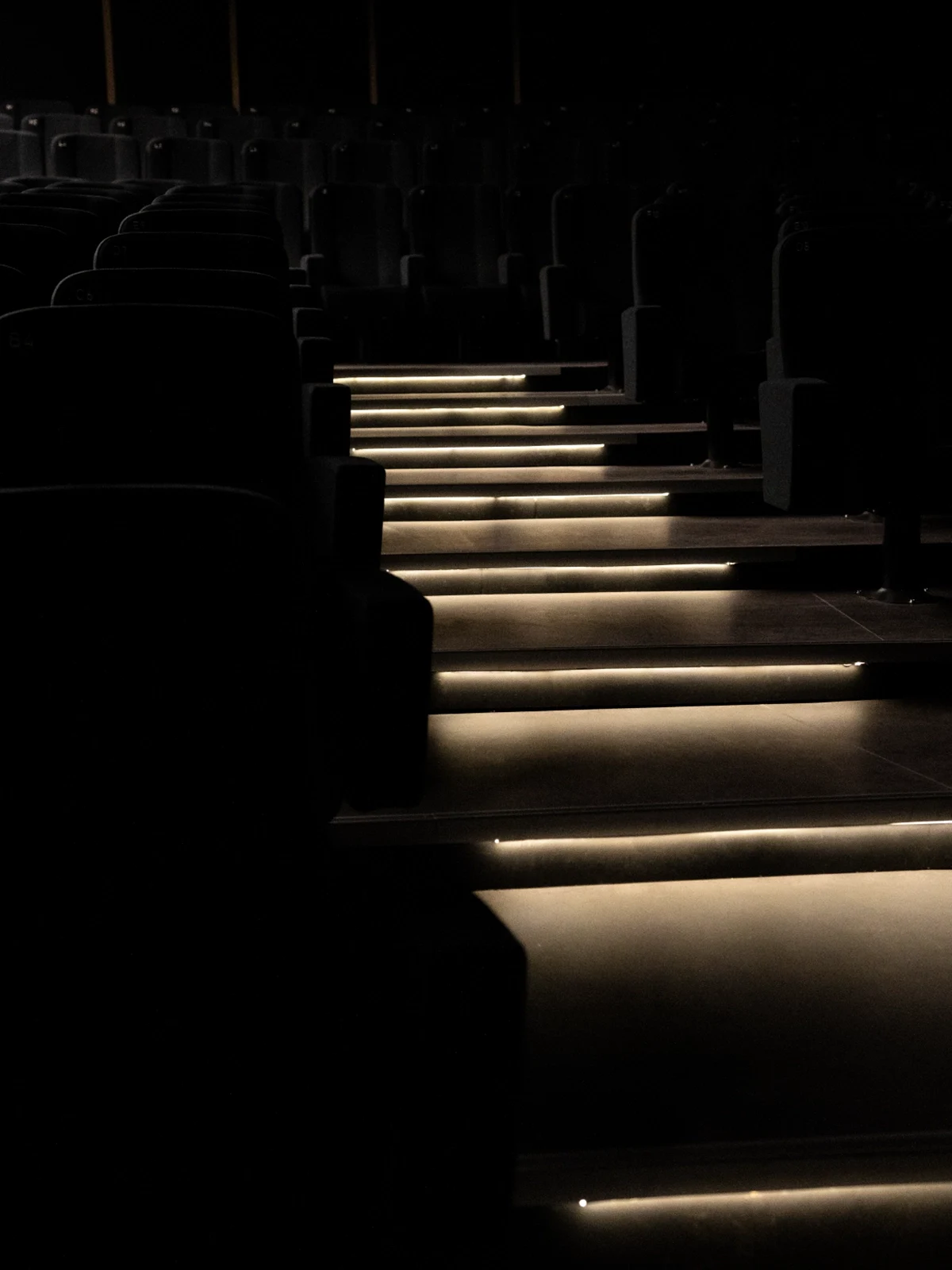 Sala interna del Cinema Eliseo a Torino dopo l&rsquo;intervento di riqualificazione architettonica, dettagli dell'illuminazione della scalinata
