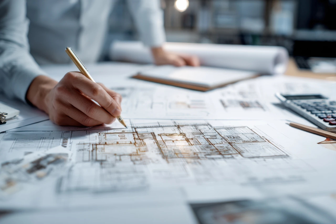 Architetto durante la progettazione architettonica di una ristrutturazione con elaborati tecnici e planimetrie. CC Architects realizza progetti per nuove costruzioni, ristrutturazioni e riqualificazioni edilizie.